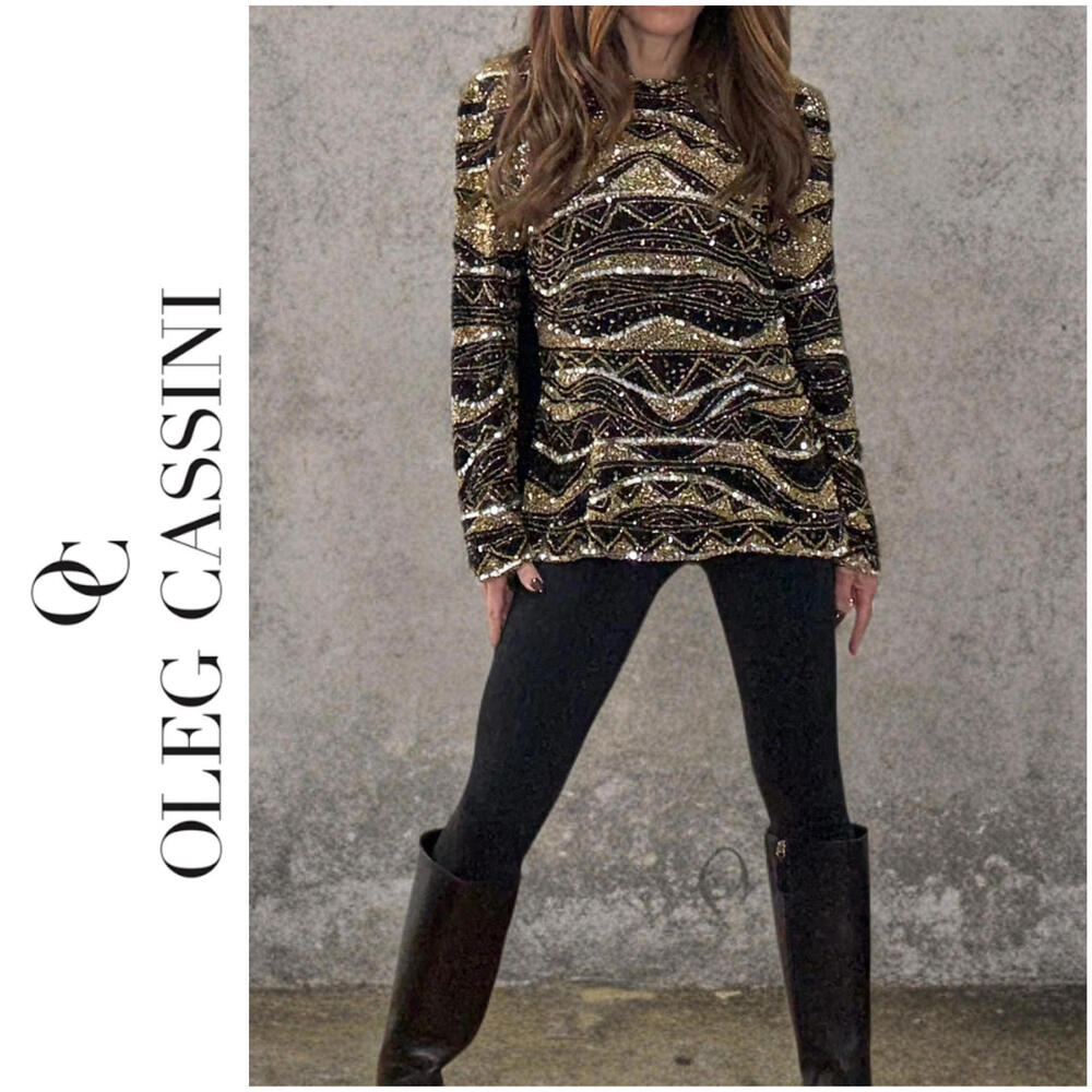 Vintage BLACK TIE OLEG CASSINI Oleg | SZ M | Embellished Beaded Sequin Silk Top - Picture 4 of 11